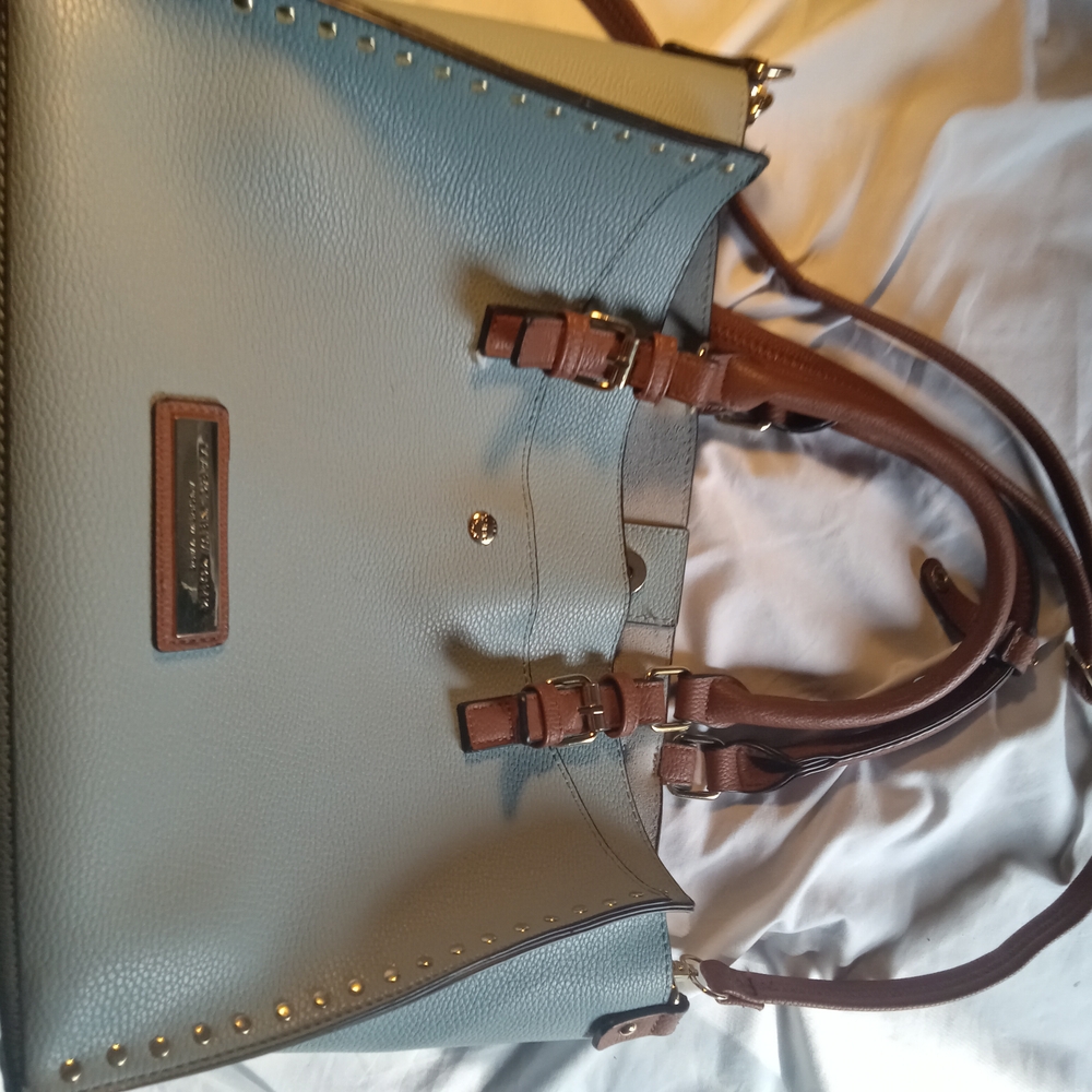 Andrew Marc Blue and Brown Satchel with Structured Design